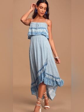 Lulus Blue Boho Maxi Dress Ruffle Hi Low Gauzy Flowy Strappy Medium